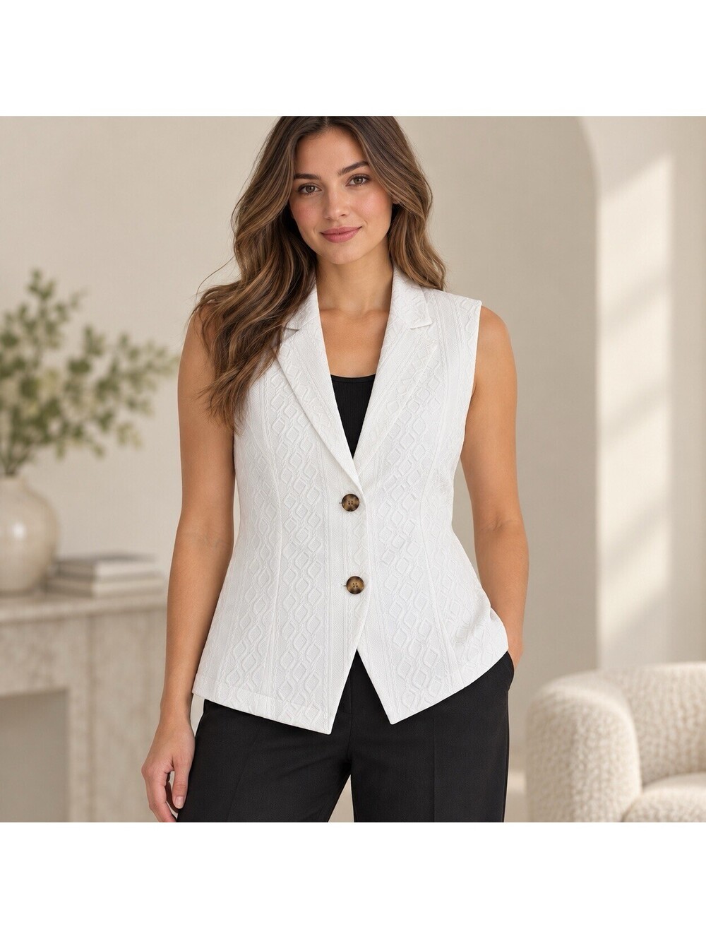 Mina Selfi Women’s M White Geometric Collared Sleeveless Button Front Vest